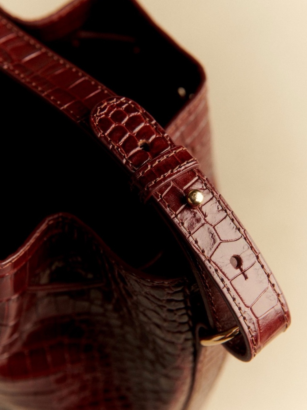 NWT Sezane Chocolate Croc-Embossed Drawstring Bucket Bag - Picture 4 of 10